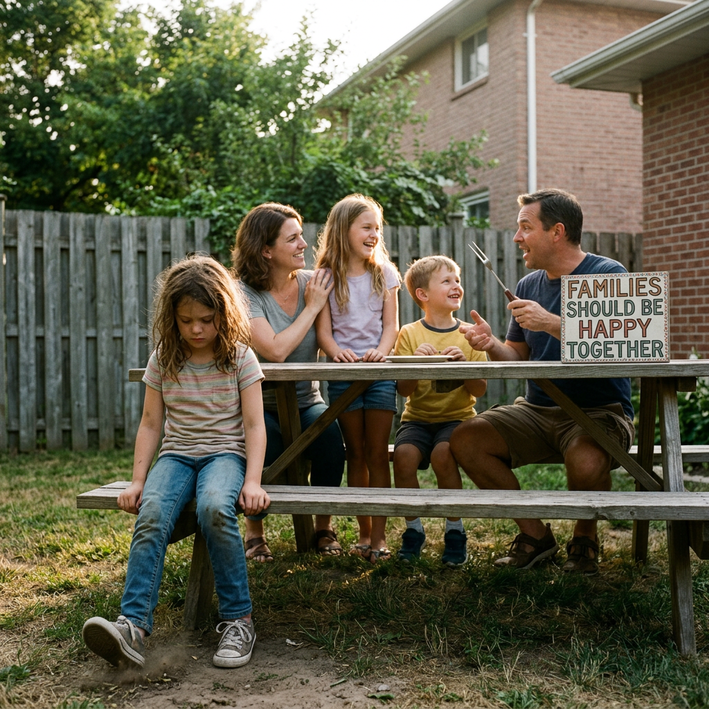 Family of four happily interacting at picnic table while one girl sits alone looking down