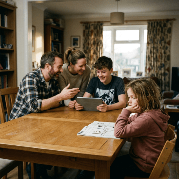 Two adults and a teenage boy looking at a tablet, young girl reading a book at table