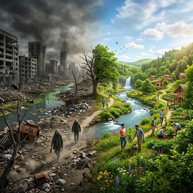 A river dividing a barren, trash-filled city with ruins and smoke on the left, and a vibrant, green landscape with people gardening and wooden houses on the right